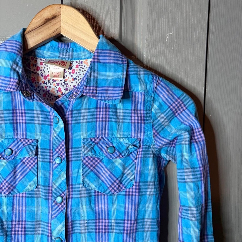 Mossimo Supply Co Blue Plaid Button Up Shirt Long Sleeve Roll Tab Women Size L - Picture 2 of 5